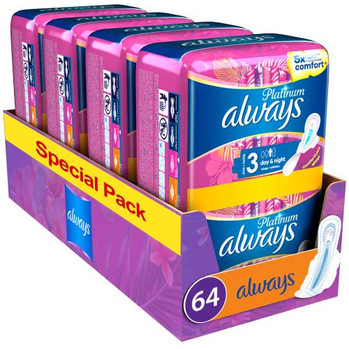 Always Promo Multi-Pack Platinum Day & Night Sanitary Towels with Wings Σερβιέτες με Φτερά για Πενταπλάσια Άνεση & Προστασία Μέρα & Νύχτα Size 3, 64 Τεμάχια